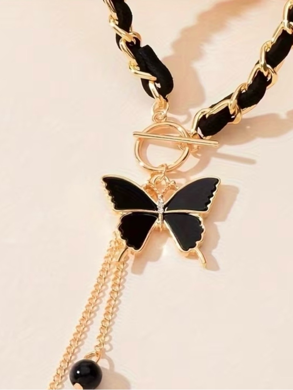 Gold and Black mother of Butterfly Pendant Necklace - Women Jewelry - Picture 2 of 4